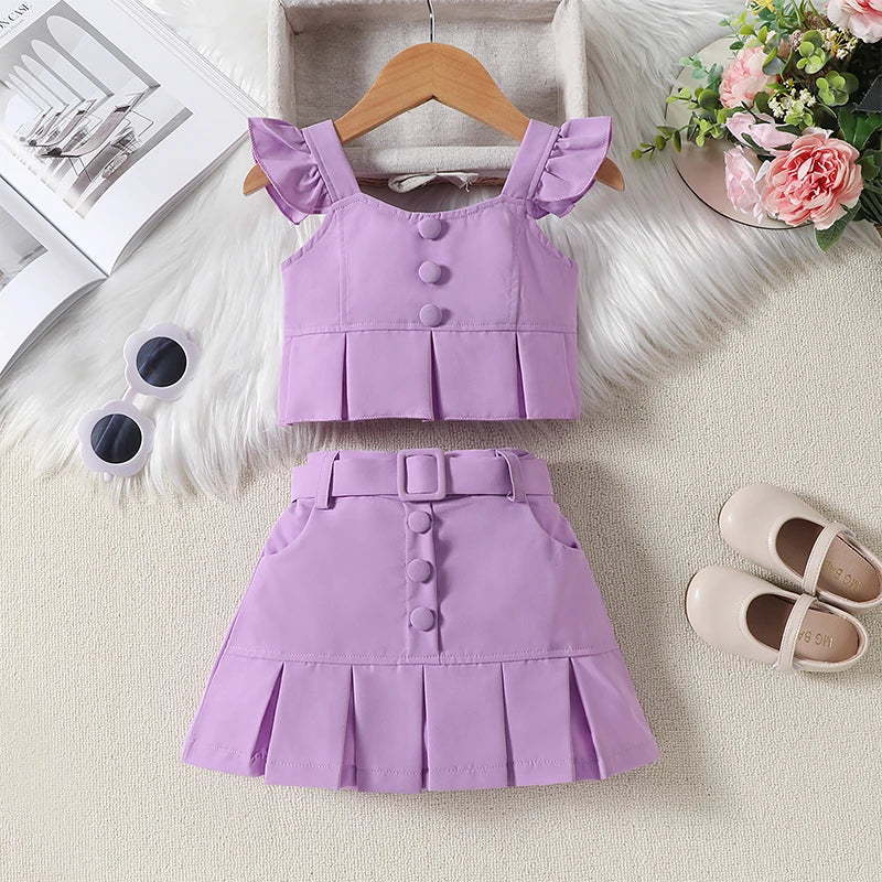 1-6Y Girls Summer Fashion Clothes Sets -  Ruffles Fly Sleeve Solid Tops Elastic Waist Pleated Mini Skirt with Belt