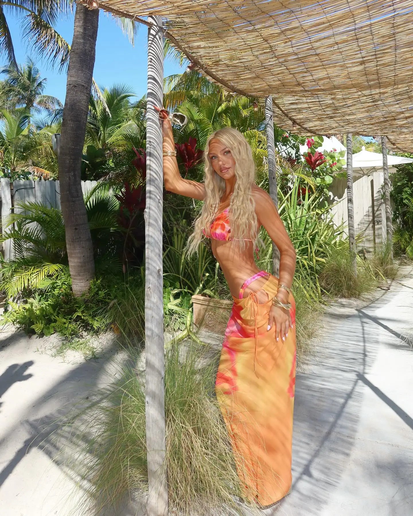 3-Piece Print Bikini Set with V-Neck Skirt Cover-Up