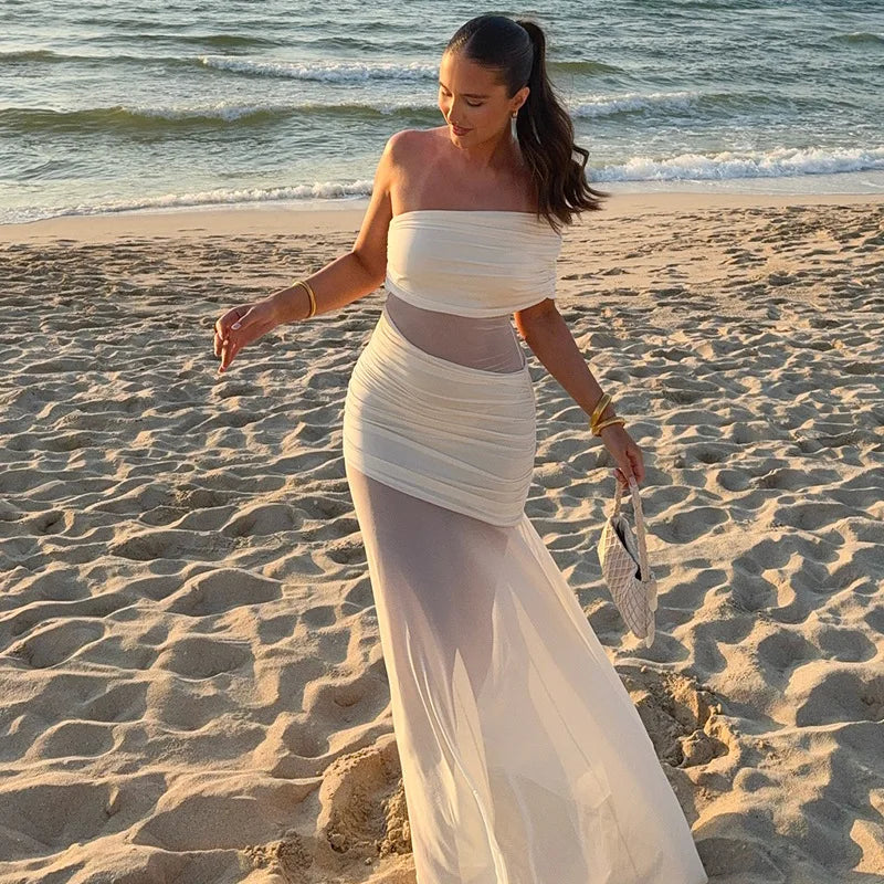 Women's Off Shoulder Ruched Mesh Maxi Dress - Backless Summer Club Dress
