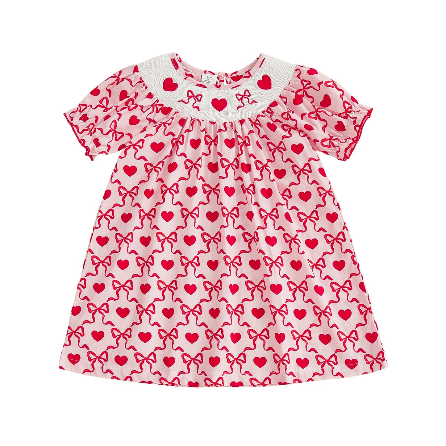 Little Girls Valentine's Day Short Sleeve Heart Embroidery Print A-Line Dress