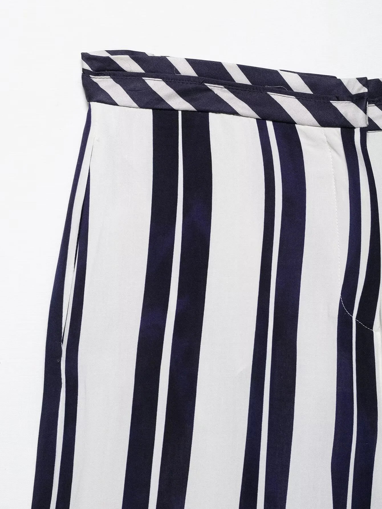 Women's Striped Collar Top & Mid Waist Loose Pants Set