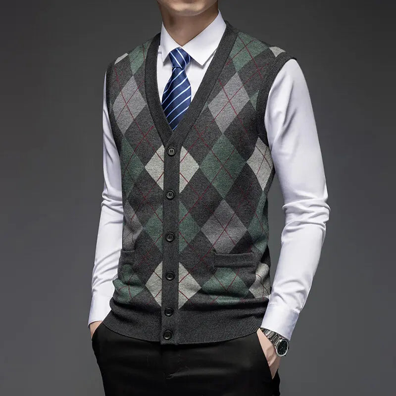 Men's V-Neck Knit Vest - Slim Fit Sleeveless Sweater