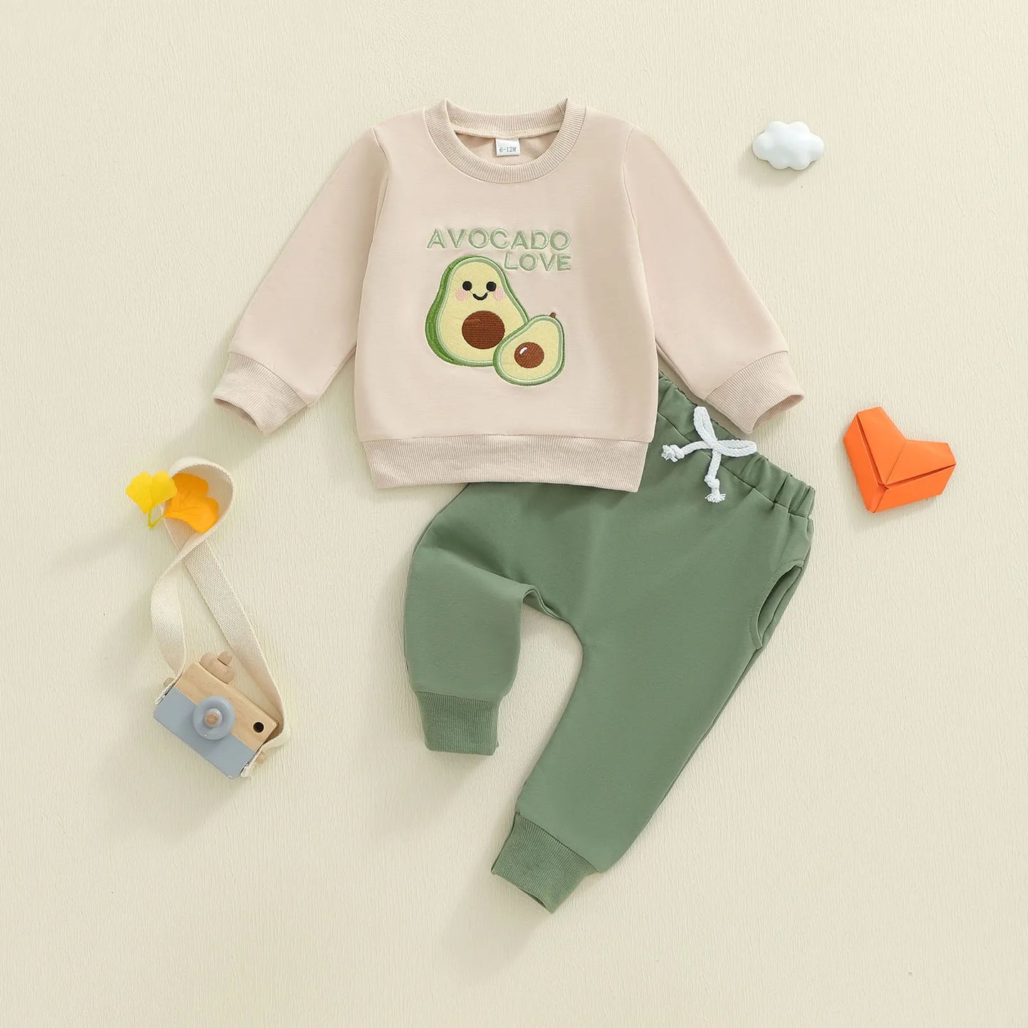 Infant Baby Boys Fall Winter Clothes Set - Fruit Letters Embroidery Long Sleeve Pullover Sweatshirt & Solid Pants