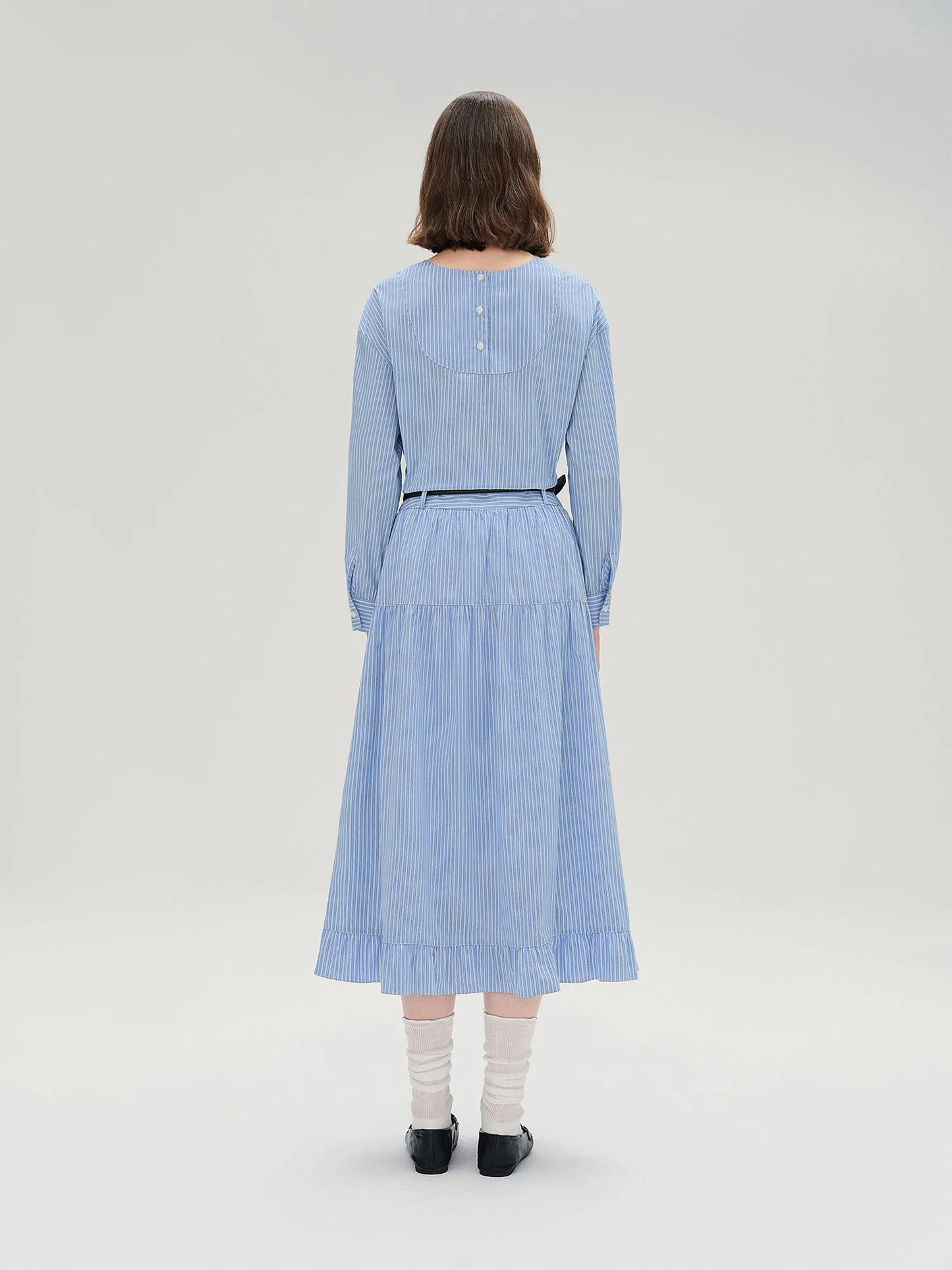 Plus Size Striped Shirt & Skirt Set with Wooden Collar Detail