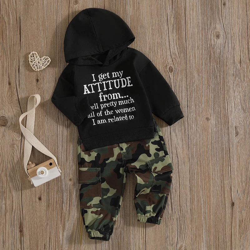 1-6Y Kids Boys Casual Clothes Set - Letter Print Long Sleeve Hooded Pullover Top and Camouflage Pants