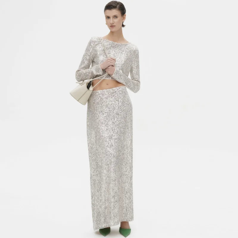 Women's Sequin Long Glitter Maxi Sparkle High Waist Long Skirt