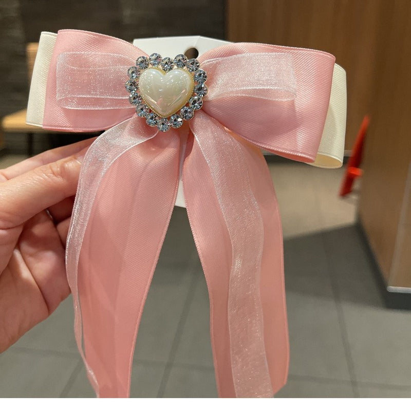 Crystal Pearl Heart Bow Brooch - Elegant Collar Pin Corsage