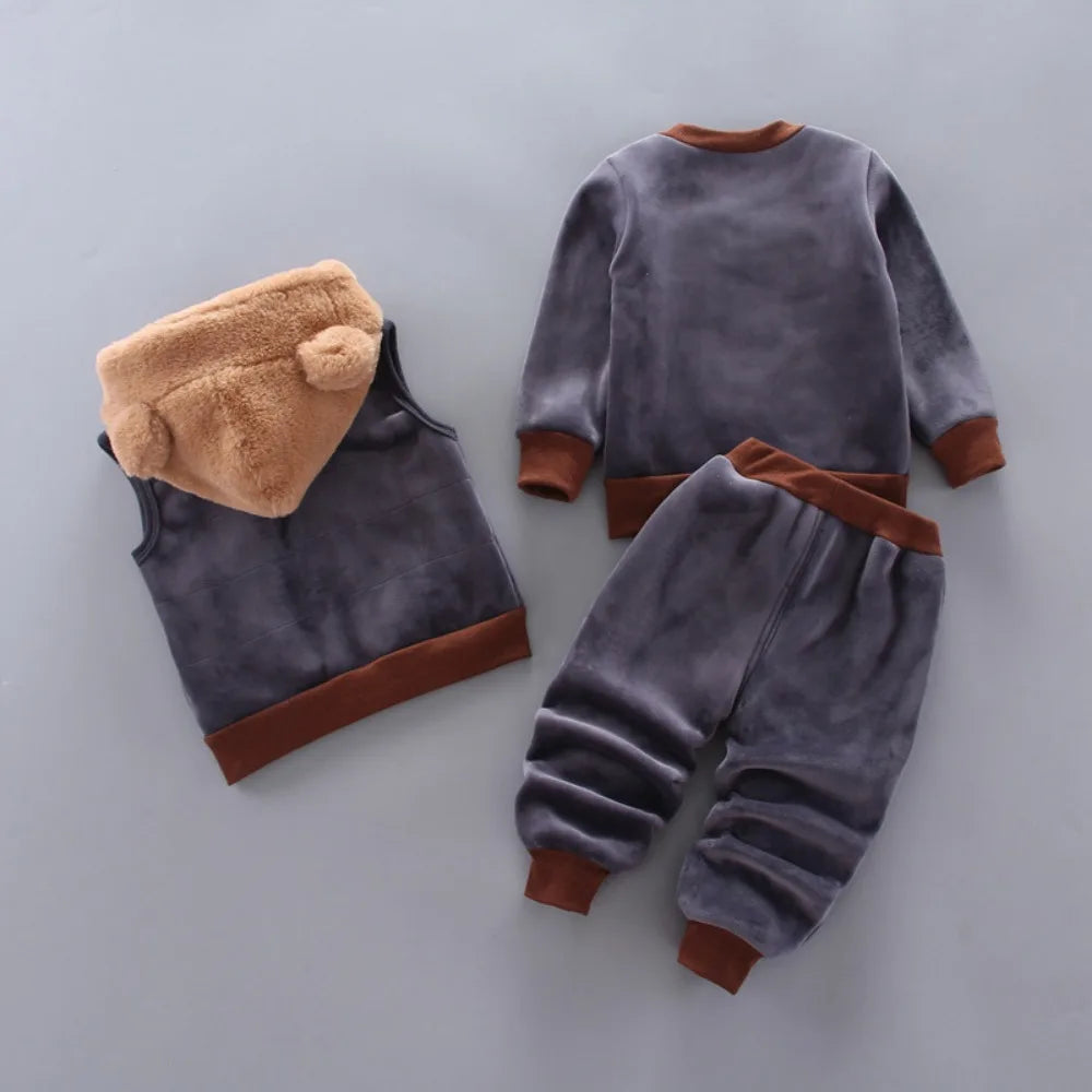 Children's Plush Warm Sports Three piece Set Little Bear Hooded Set Vest Long sleeved Sweater Set