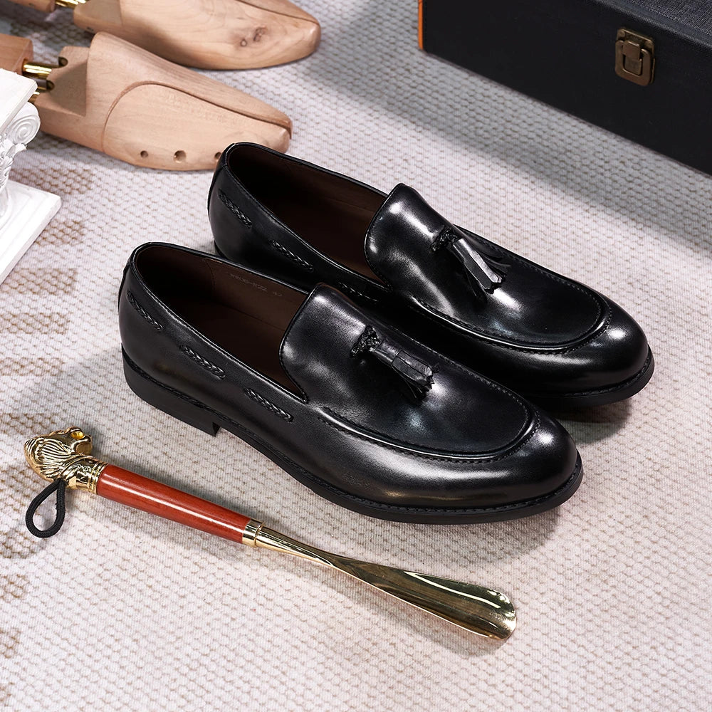 Classic Men's Tassel Loafers Genuine Leather Handmade Slip on Comfortable Office Wedding Shoes