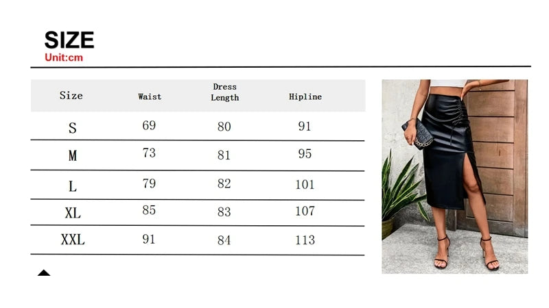 Women PU Leather Midi  Hip Slit Pencil High Waist Skirt