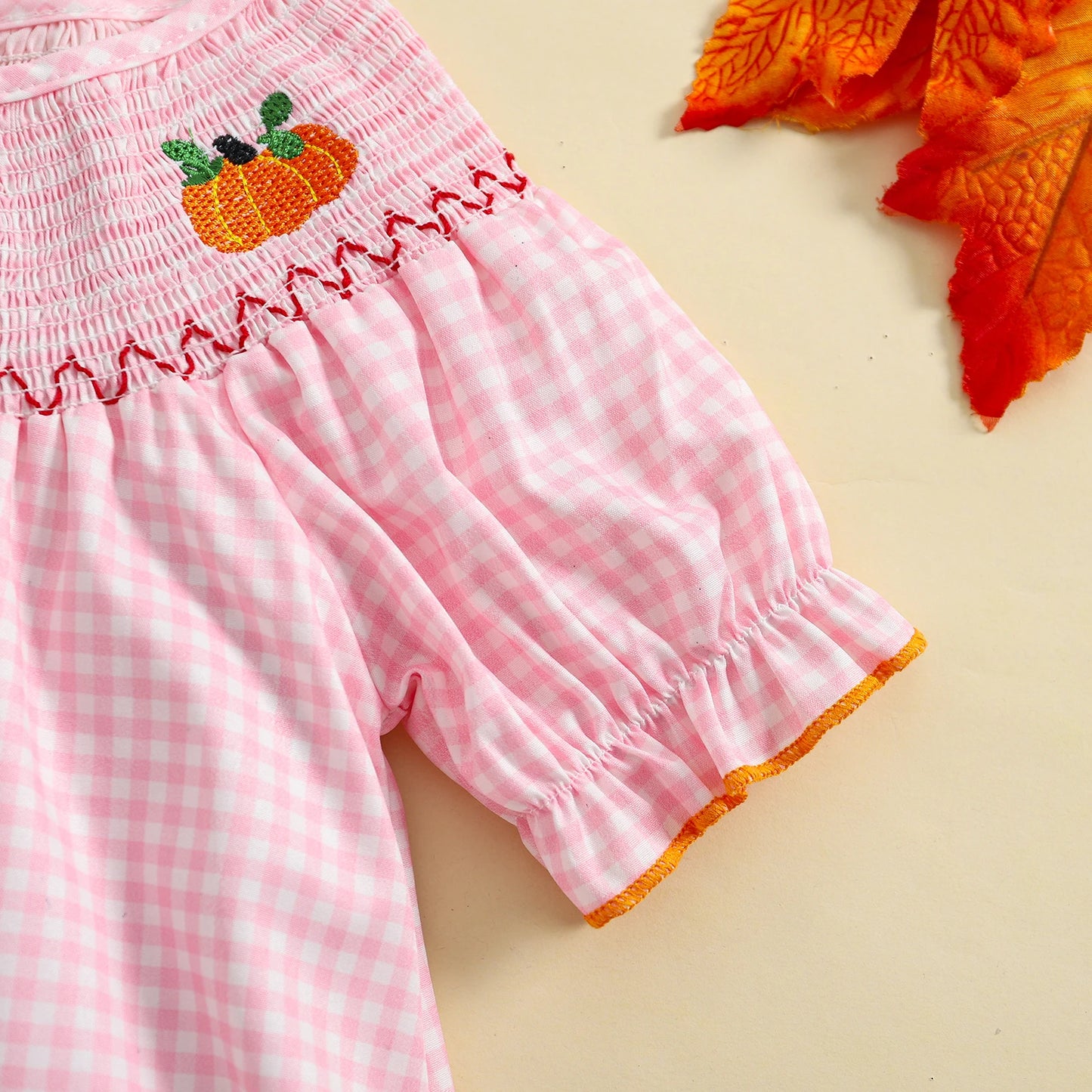 0-3Y Baby Girls Boys Romper Pumpkin Embroidered Plaid Print Short Sleeve Ruffled Jumpsuits