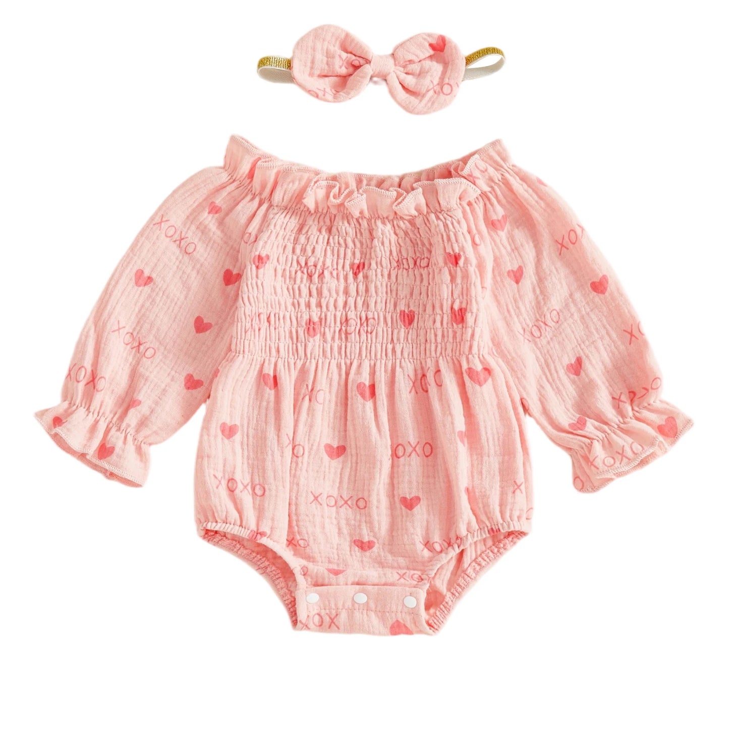 Baby Girls Valentine's Day Romper - Heart Print Smocked Jumpsuit with Headband 0-18M