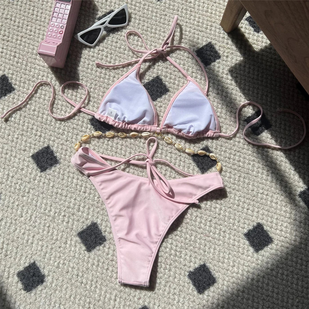 Women's Halter Shell Brazilian Bikini Set | Wire-Free Padded Two-Piece Swimwear