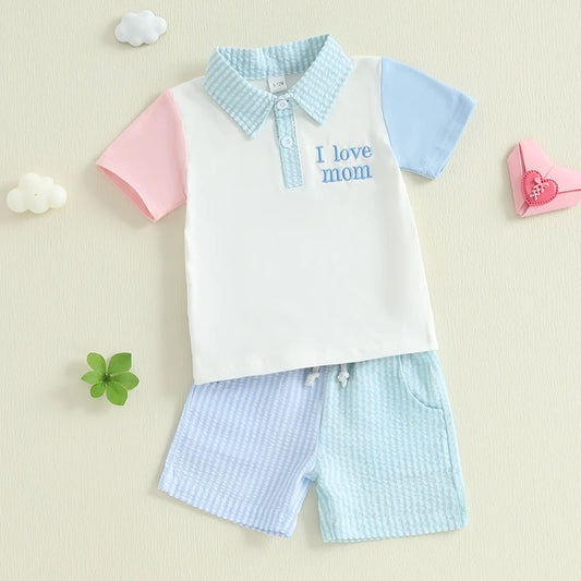 Toddler Boys Casual Outfit Set - Letter Embroidery Polo T-Shirt with Stripe Shorts