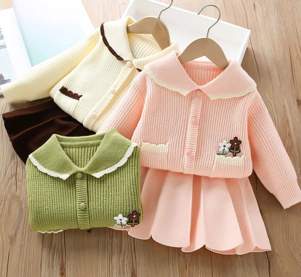 Girl's Clothes Collar Embroidery Flower Knit Cardigan Sweater and Short Skirt Two-piece Set