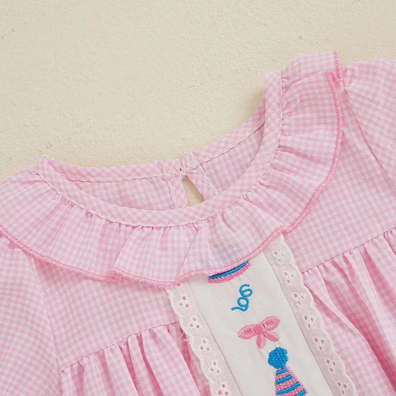 Baby Girls Birthday Romper with Cake Embroidery - Plaid Doll Collar Jumpsuit (0-24M)