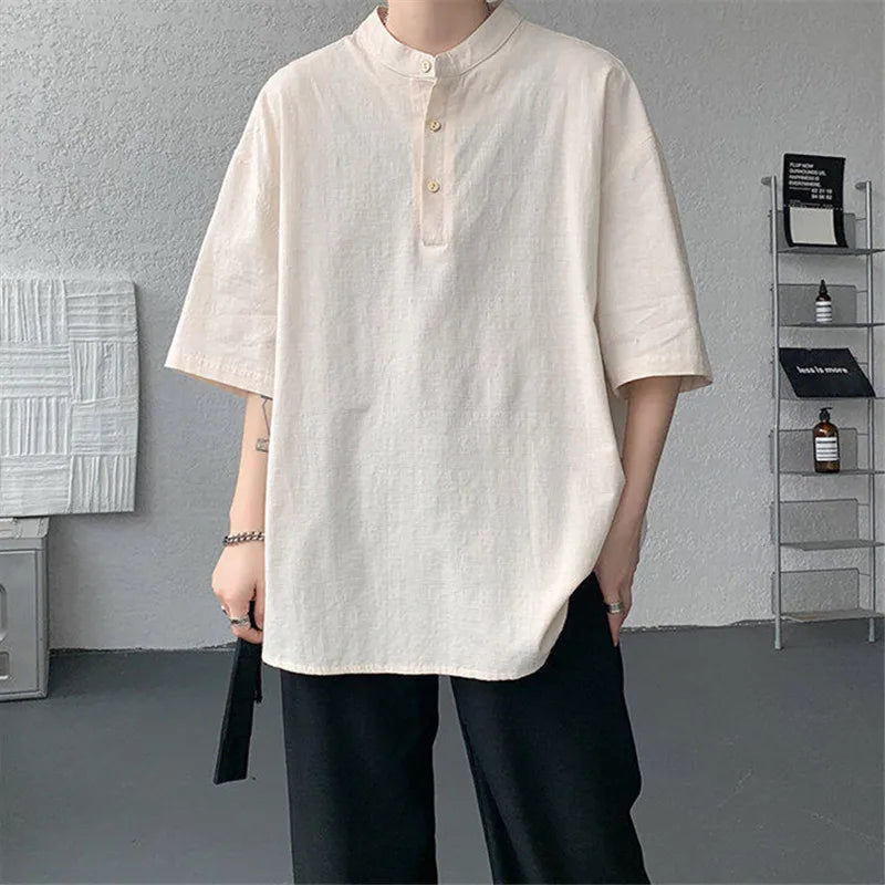 Men's Summer Henry Collar Cotton Linen  Loose Breathable Casual Short Sleeve Shirt