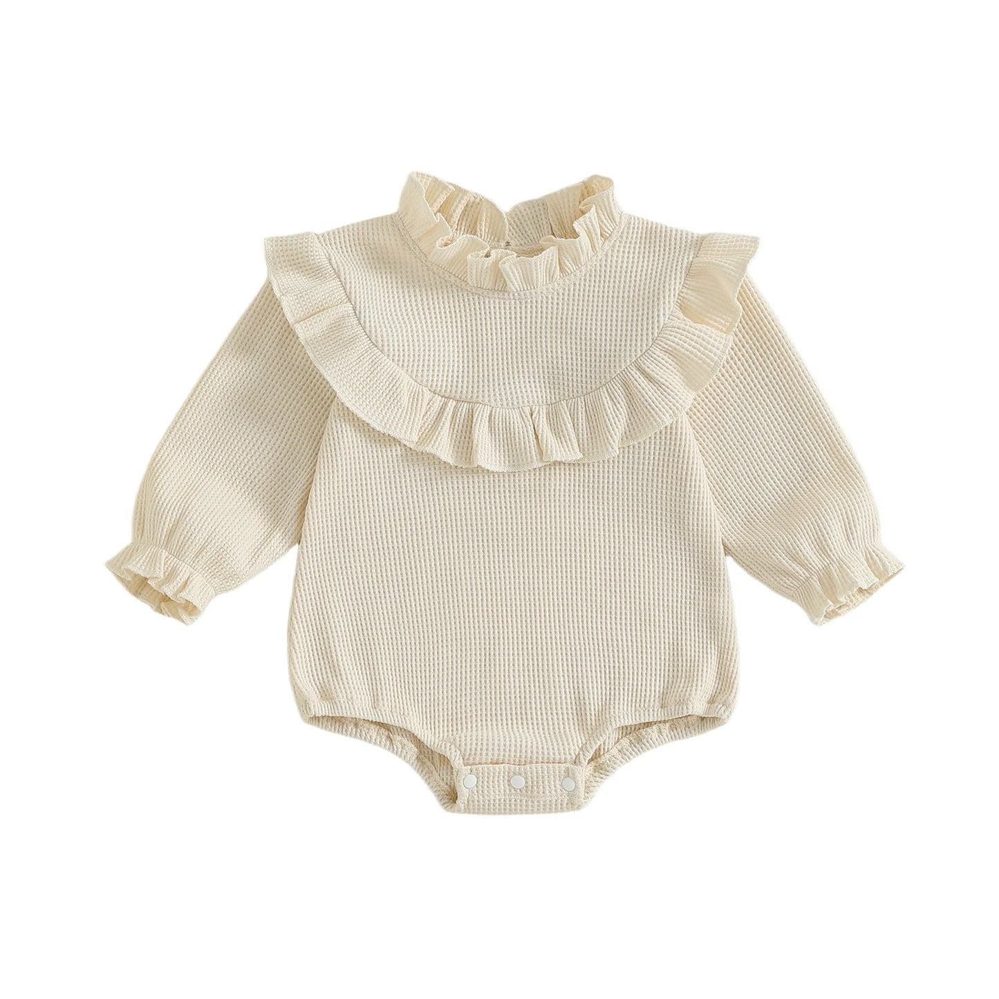 Newborn Baby Girls Waffle Romper - Long Sleeve Mock Neck Ruffled Jumpsuit