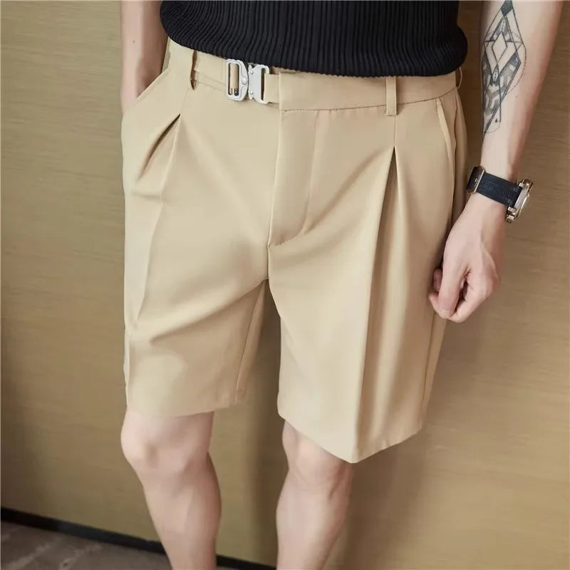 Men's Elastic Waist Suit Shorts - Slim Fit Casual Knee Length