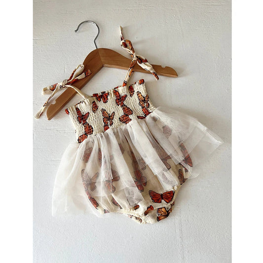 0-18M Lovely Baby Girls Romper Dress Tie-up Sleeveless Pleated Butterfly Tulle Patchwork Summer Jumpsuit