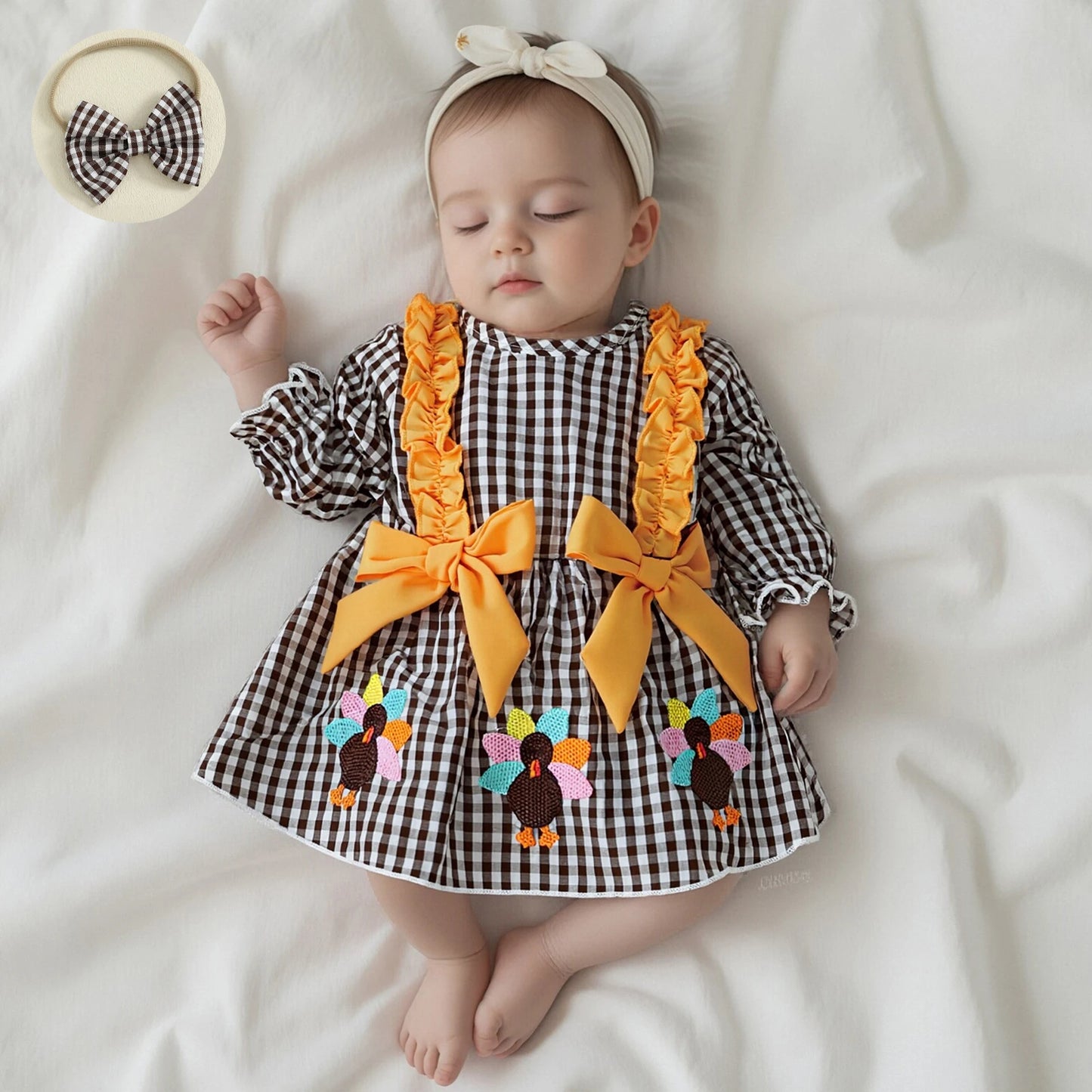 Baby Girls Thanksgiving Romper Dress with Headband - Turkey Plaid Ruffle Long Sleeve Jumpsuit