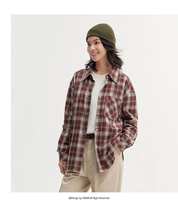 Oversized Drop Shoulder Plaid Shirt Loose Retro Casual Stylish Top