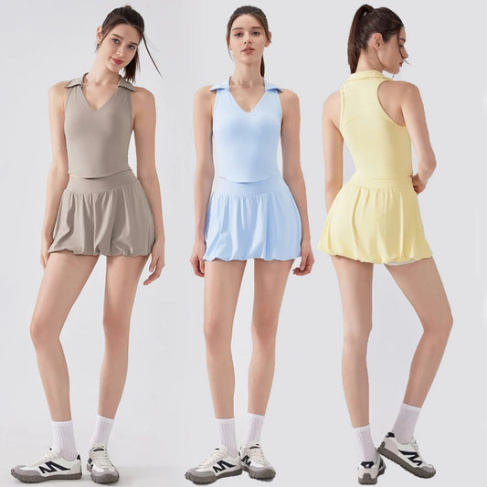 Women's Two Pieces Fitness Yoga Set - Breathable Tennis Skirt and Top Combo