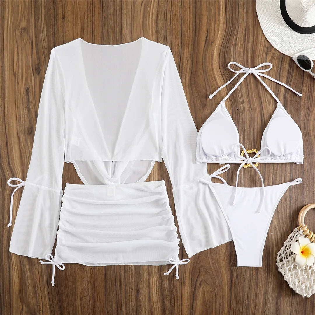 Women's Long Sleeve Cover Up Skirt Halter Bikini Swimsuit Swimwear Four-pieces Bikini Set