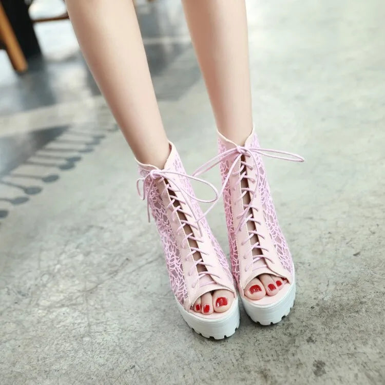 Women's Open Toe Summer Short Back Zipper Leather Mesh Hollow Cool Boots