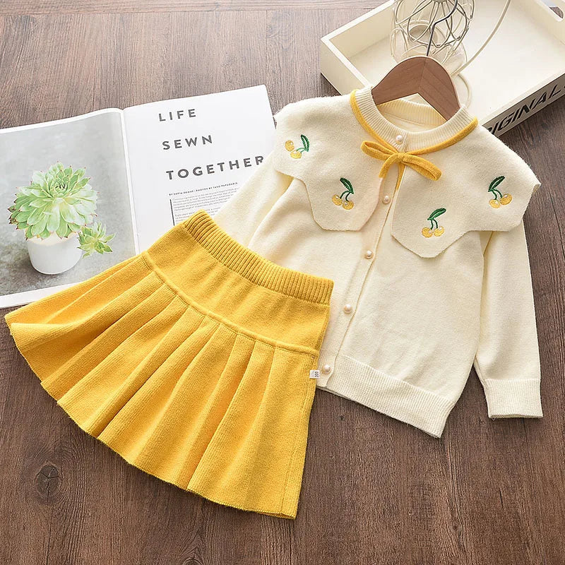 Girls' Knitted Embroidery Sweater & Skirt Set – Autumn Winter 2-Piece Outfit