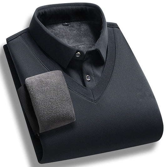 Men's Fleece Knit T-Shirt - Fake Two-Piece Smart Casual Tee for Autumn Winter