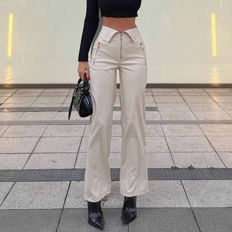 Women's PU Leather Zip Up High Rise Chic Straight Leg Trousers