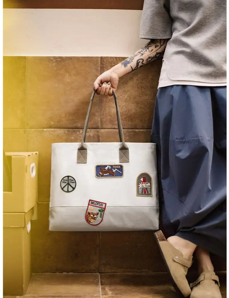 Unisex Style Vintage Embroidered Large-capacity Patchwork Handbag Versatile Single-shoulder Versatile Tote Bag