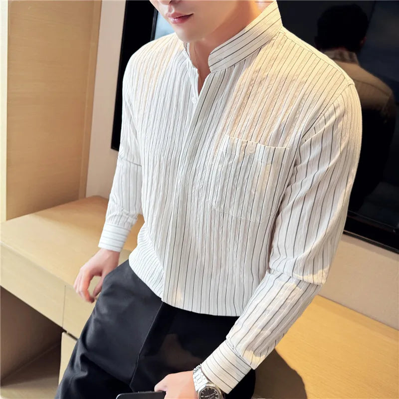 Men's Striped Stand Collar Long Sleeve Single Breasted Shirt