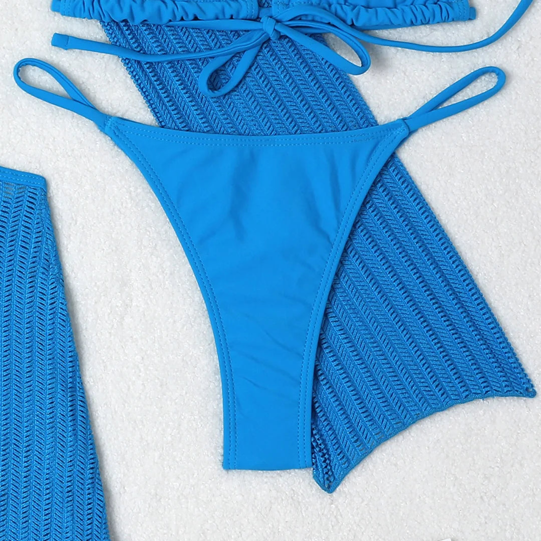 Women's Halter Bikini Set with Long Sleeve Cover-Up | Three-Piece Wire-Free Padded Swimwear