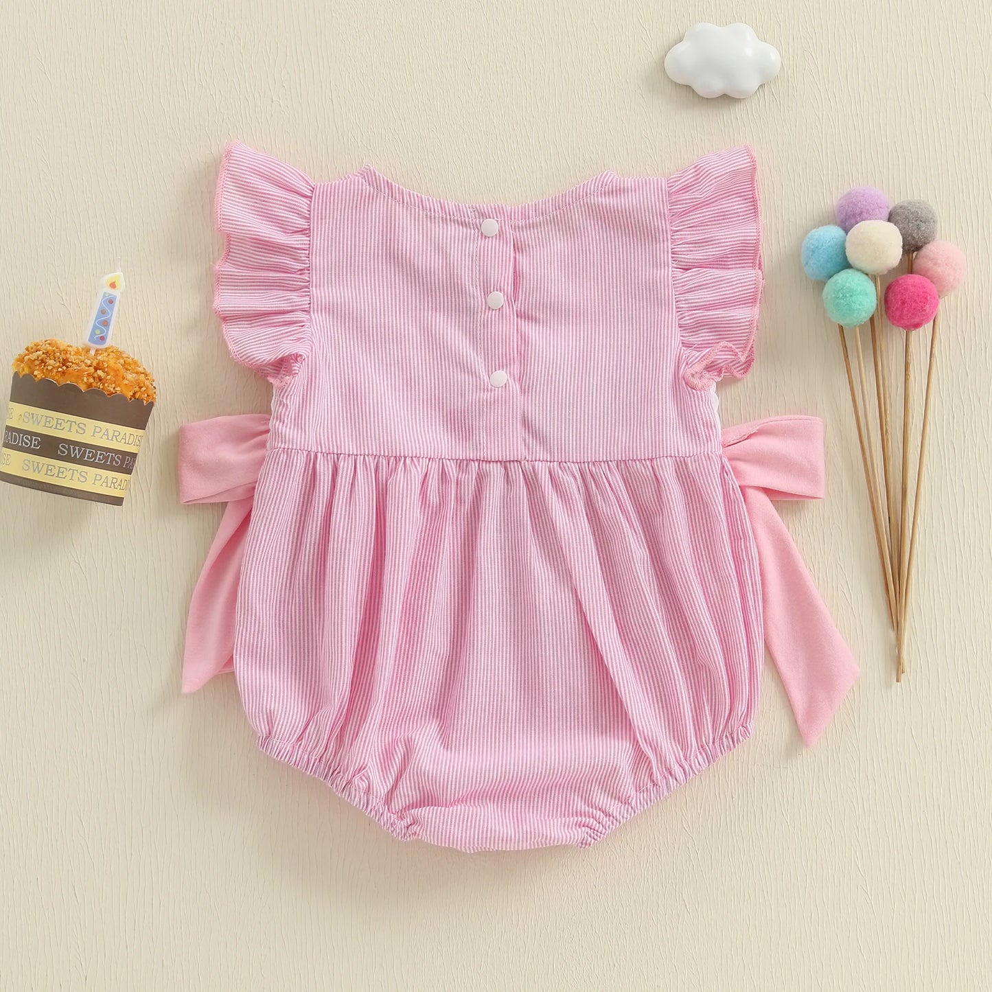 Baby Girls Birthday Romper - Striped Print Letter Embroidery Ruffled Jumpsuit