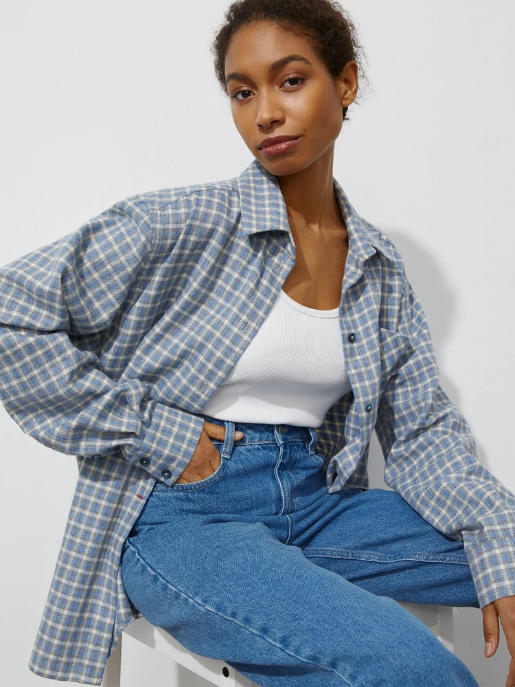 Women's Retro Plaid Turn Down Collar Shirt