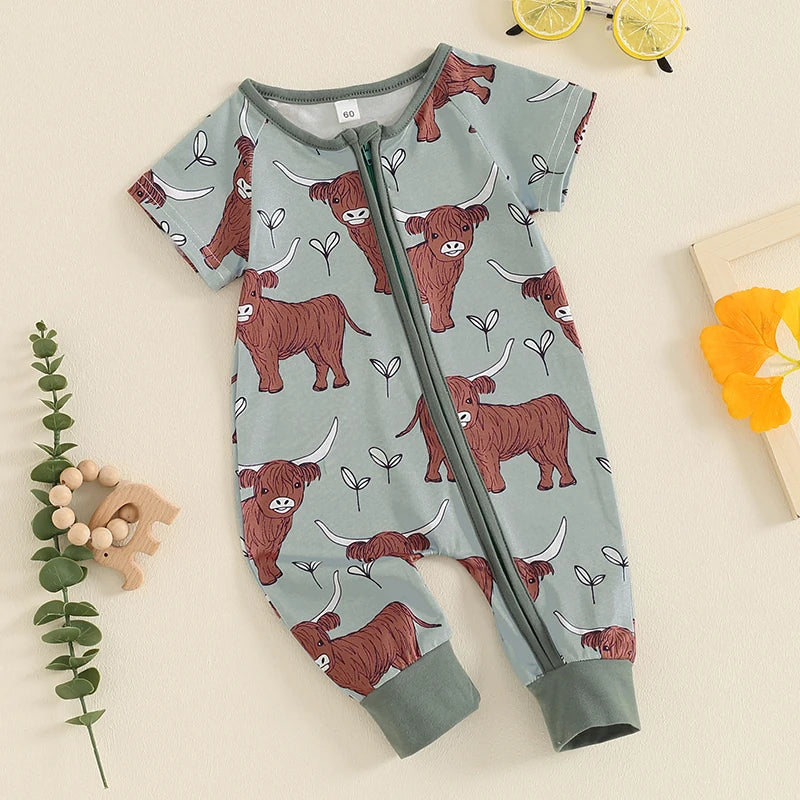 0-18M Infant Baby Girls Boys Western Romper Cow Cattle Print Short Sleeve Zip-Up Toddler Jumpsuits Clothes