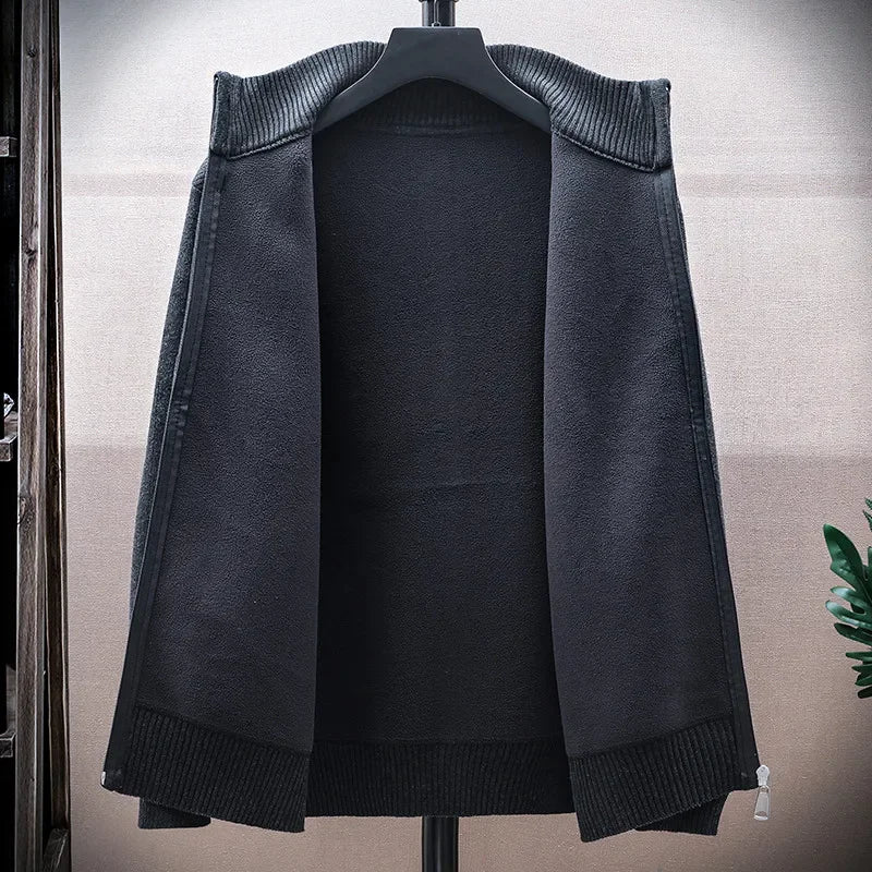 Men's Fleece Knit Cardigan - Stand Collar Zip Sweater Jacket