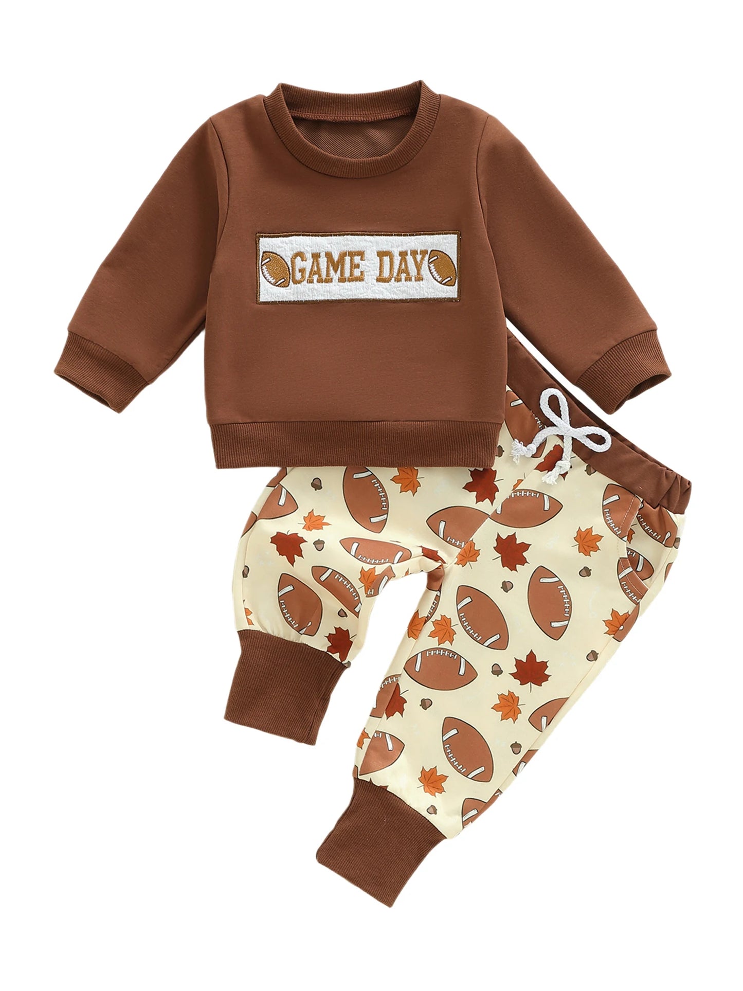 Baby Boys Thanksgiving Football Outfit Set - Rugby Long Sleeve Sweatshirt & Leaf Pants (0-3Y)