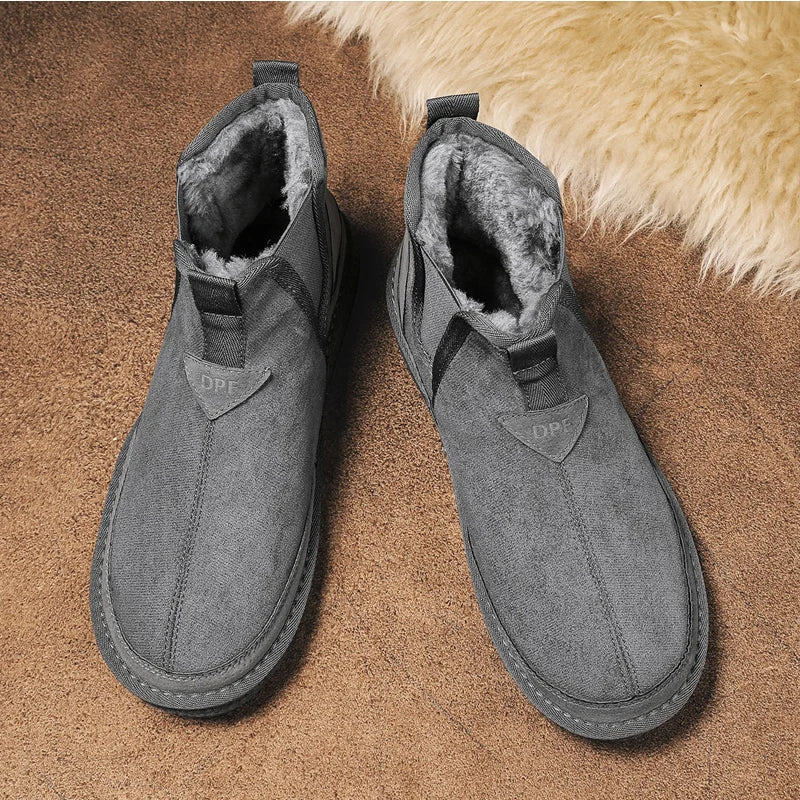 Men's Warm Fur Snow Boots Waterproof Suede Furry Leather Ankle Fluffy Plush Shoes