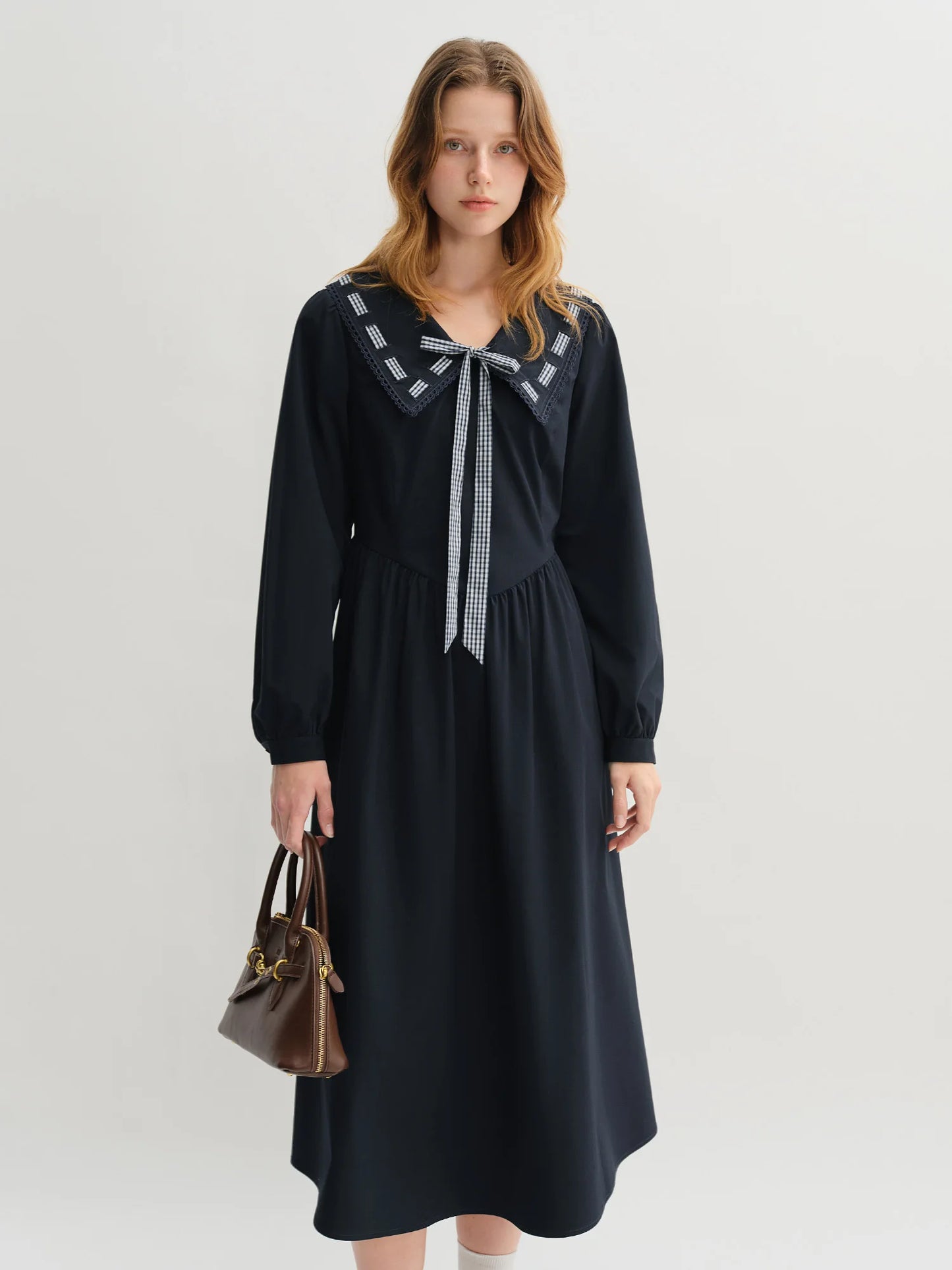 Plus Size College Style Navy Collar Ribbon Dress