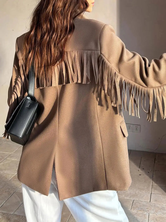 Women's V Neck Tassel Design Slit Piping Blazer - Long Sleeve Pockets Single Breasted Coat Jacket