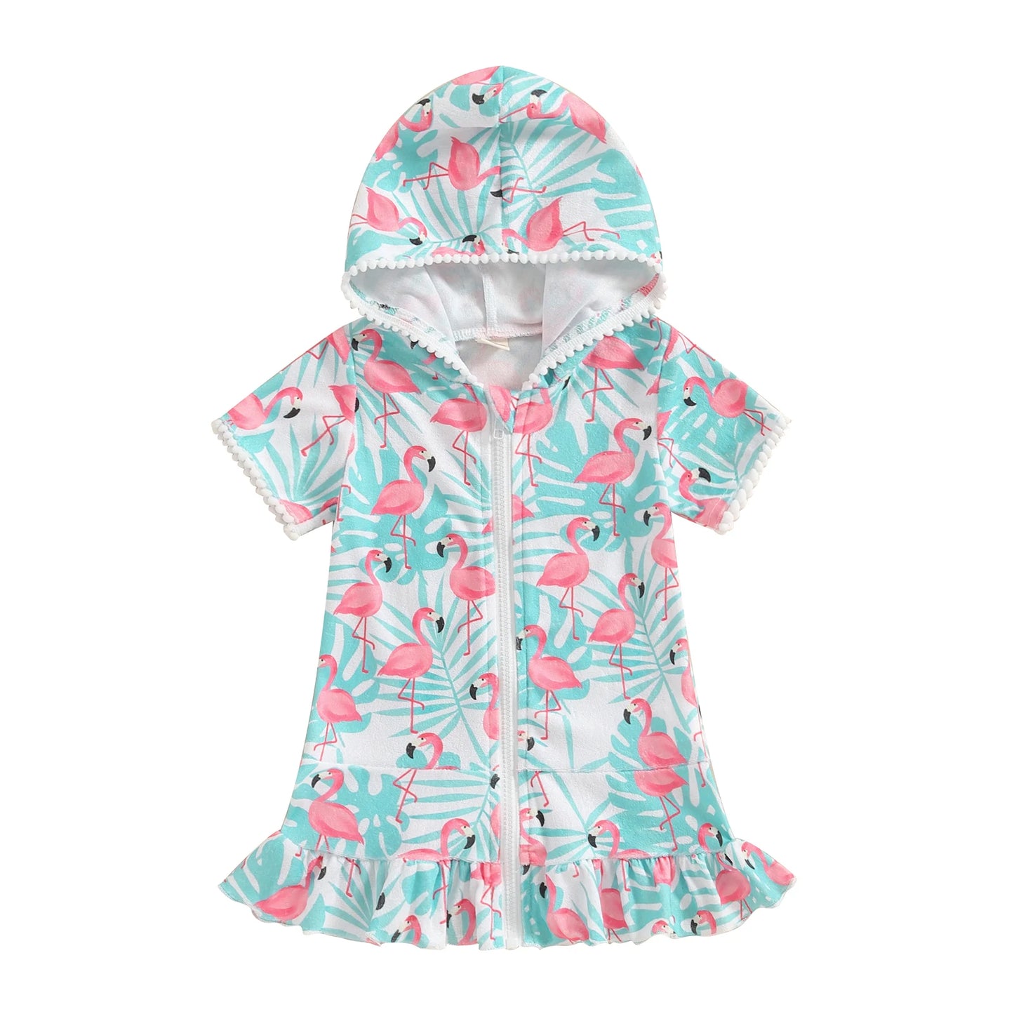 1-8Y Summer Kids Girls Beach Dress Watermelon Flamingo Ice Cream Print Hooded Zipper Closure Swimwear