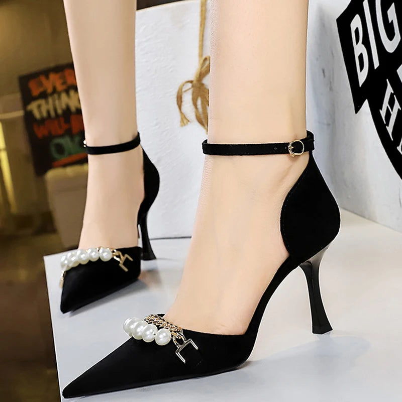 Women's Pearl Metal Chains Sandals Suede High Heels Shoes