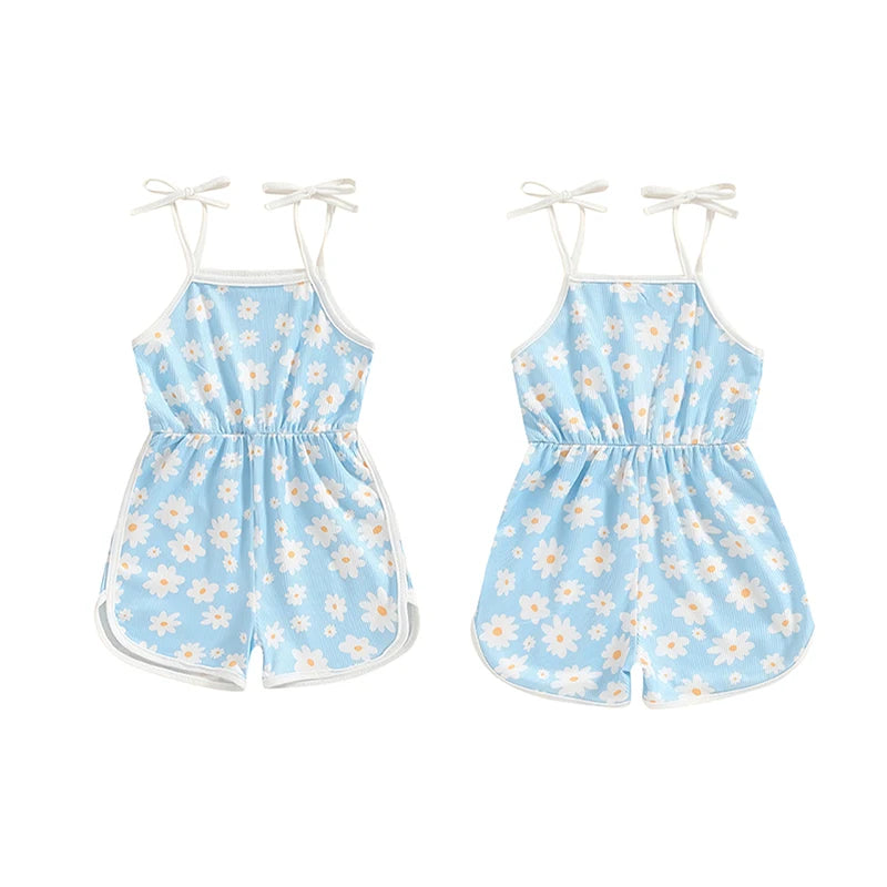 0-5Y  Kids Girls Summer Jumpsuit Shorts 4 Colours Sleeveless Square Neck Floral Print Romper Playsuits