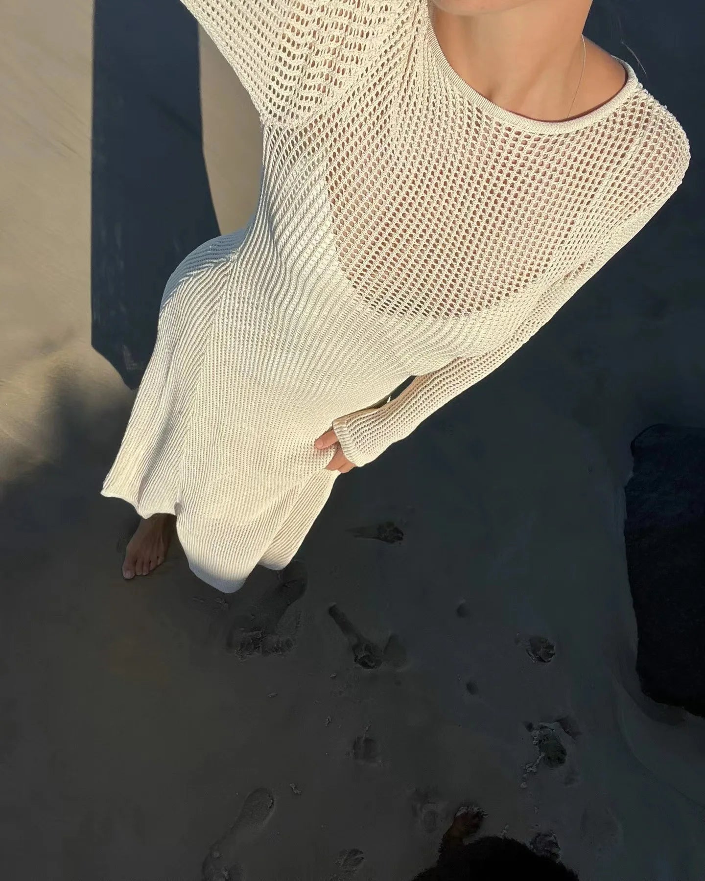 Women's Hollow Out Knit Maxi Dress - Beachwear Long Sleeve Cover-Ups Long Dress