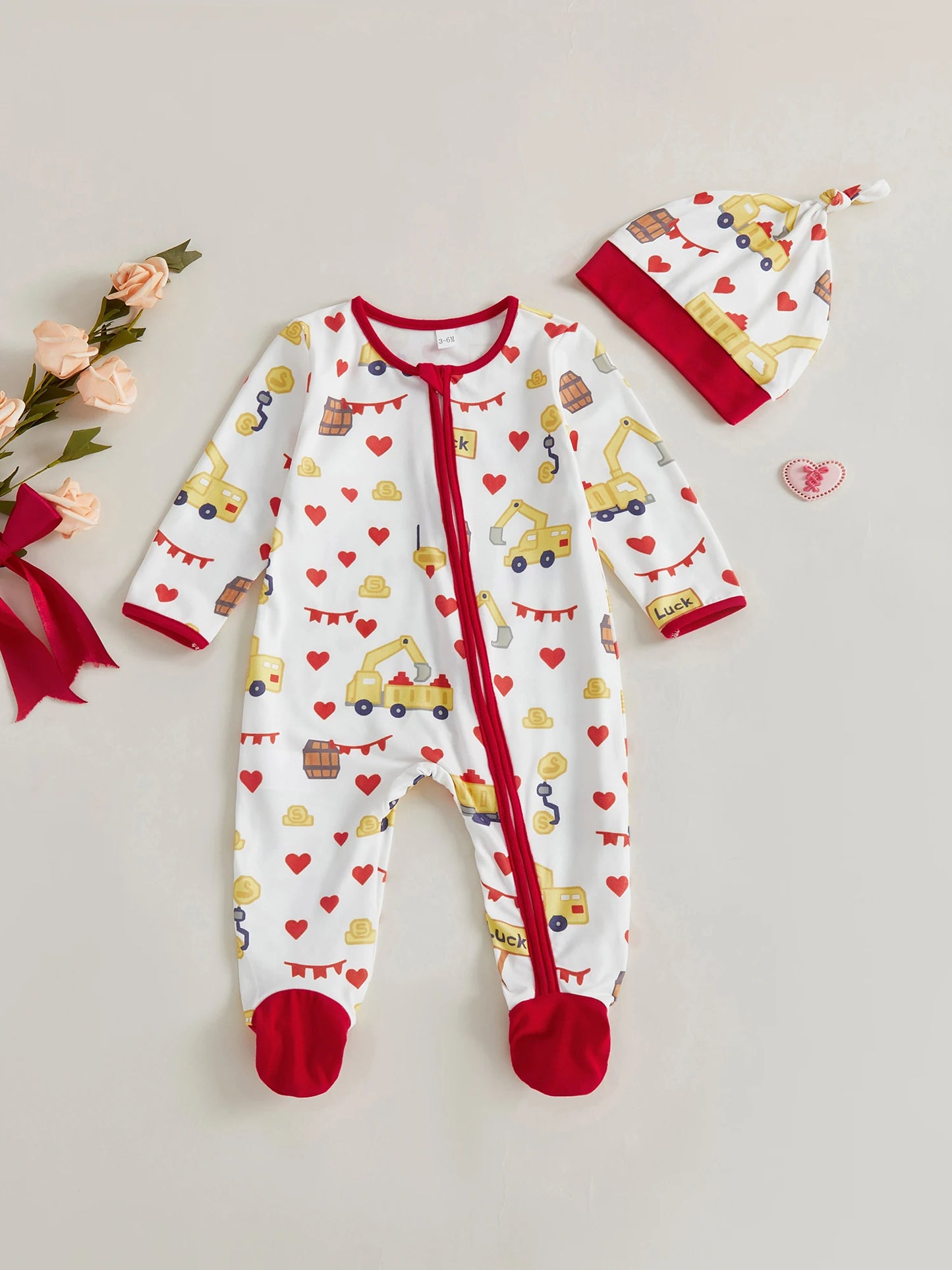 Baby Boys Girls Valentine's Day Romper Set - Excavator Heart Print Jumpsuit with Hat 0-18M