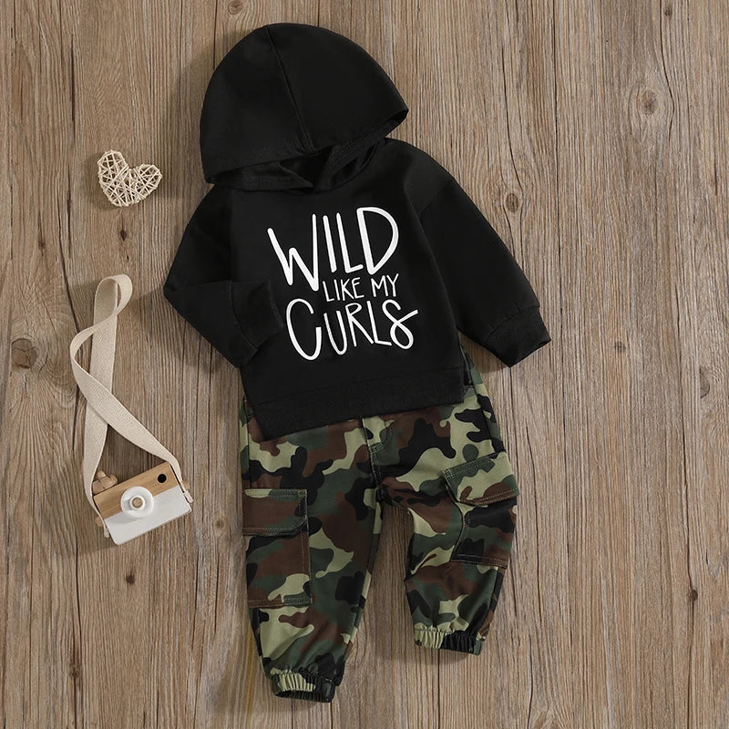 1-6Y Kids Boys Casual Clothes Set - Letter Print Long Sleeve Hooded Pullover Top and Camouflage Pants