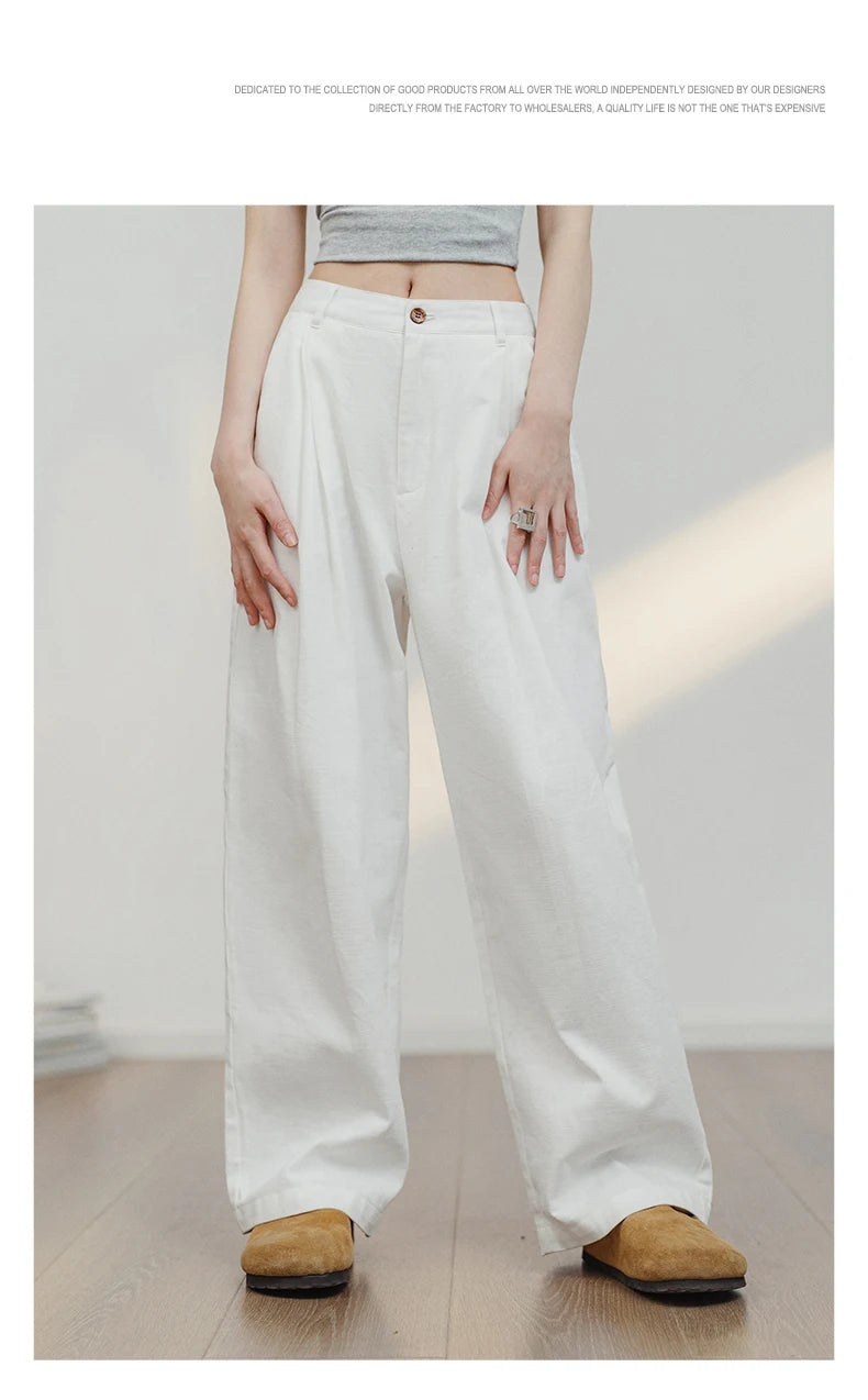 Women's White 100% Cotton Wide-Leg Cargo Trousers | Loose Straight Streetwear Pants